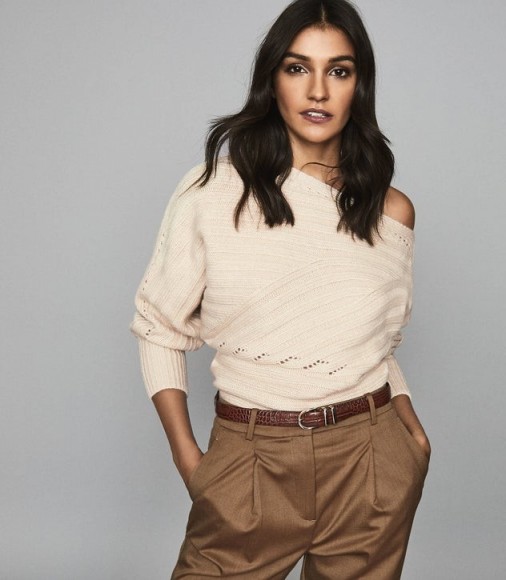Reiss COCO OFF-THE-SHOULDER JUMPER CAMEL | chic knitwear
