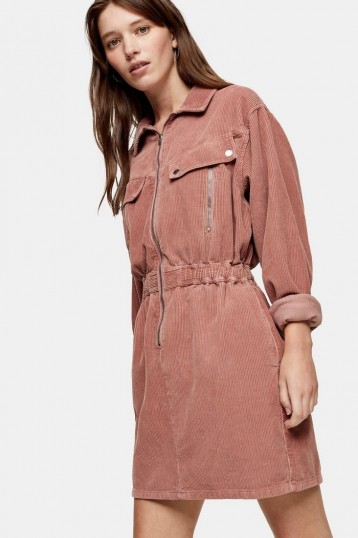 TOPSHOP CONSIDERED Pink Corduroy Long Sleeve Zip Shirt Dress – waisted cord dresses