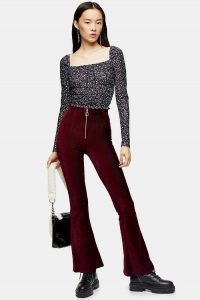 Topshop Corduroy Flare Trousers With Front Zip in Burgundy | cord flares