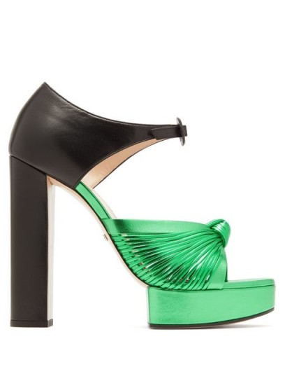 GUCCI Crawford knotted metallic-green leather platform sandals ~ 70s style luxe platforms