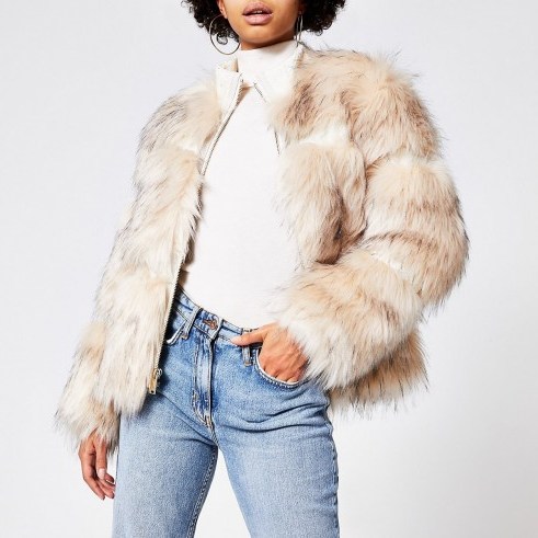 River Island Cream faux fur zip front jacket | fluffy jackets with a look of luxe - flipped