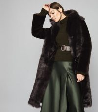 REISS DARCY REVERSIBLE LONGLINE SHEARLING COAT CHOCOLATE ~ luxury brown winter coats
