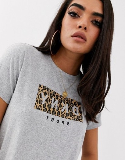 DKNY sport leopard print logo t shirt in pearl grey heather - flipped