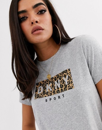 DKNY sport leopard print logo t shirt in pearl grey heather