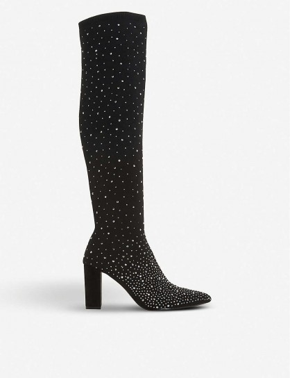 DUNE Starlight embellished over-the-knee boots in black fabric – glittering diamante boot