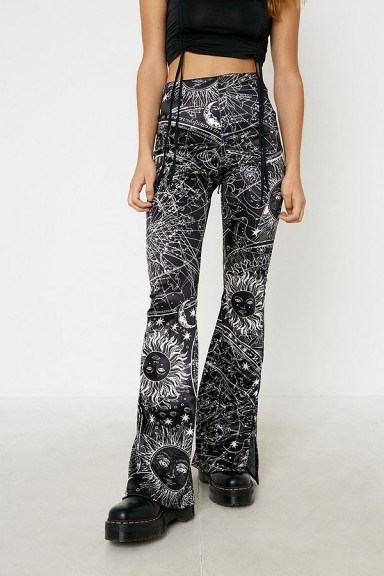 UO Celestial Satin Flare Trousers in Black Multi – printed pants - flipped