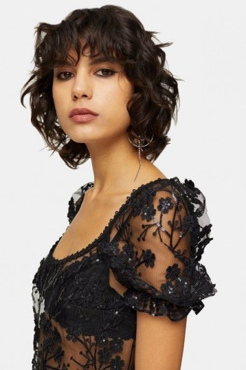 Topshop Embroidered Daisy Puff Sleeve Top in black – sequinned crop tops - flipped