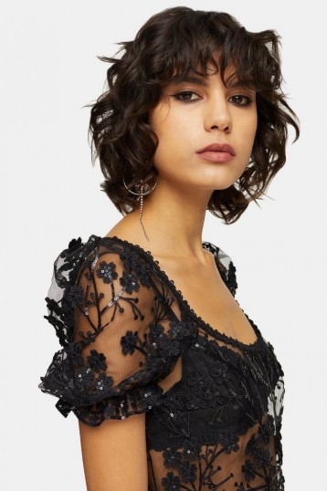 Topshop Embroidered Daisy Puff Sleeve Top in black – sequinned crop tops