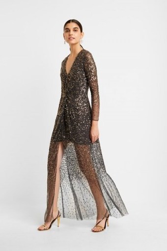 French Connection EMILLE SEQUIN PLUNGE NECK DRESS Pewter ~ glam evening dresses ~ sparkling occasion wear - flipped