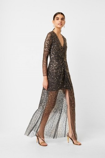 French Connection EMILLE SEQUIN PLUNGE NECK DRESS Pewter ~ glam evening dresses ~ sparkling occasion wear