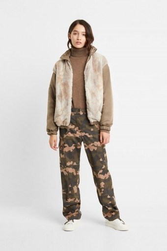 French Connection FARIN REVERSIBLE FAUX FUR BOMBER JACKET Mocha Mousse ~ furry winter jackets - flipped