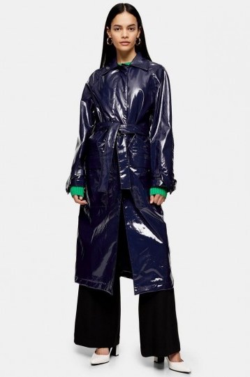 TOPSHOP Boutique Faux Leather Vinyl Trench Navy Blue - flipped