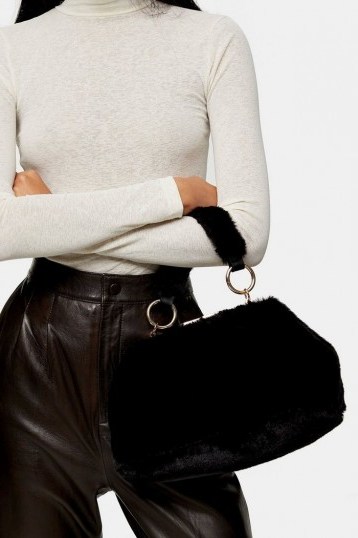 Topshop FELICITY Black Faux Fur Shoulder Bag | fluffy top handle bags - flipped