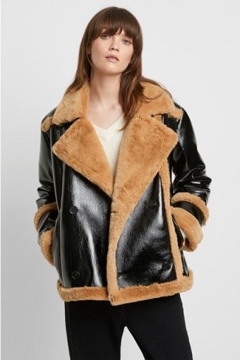 French Connection Filpa Faux Shearling Double Breasted Jacket Black Multi ~ textured winter jackets - flipped