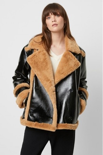 French Connection Filpa Faux Shearling Double Breasted Jacket Black Multi ~ textured winter jackets
