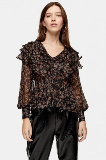 TOPSHOP Floral Glitter Ruffle Blouse / black ruffled blouses - flipped