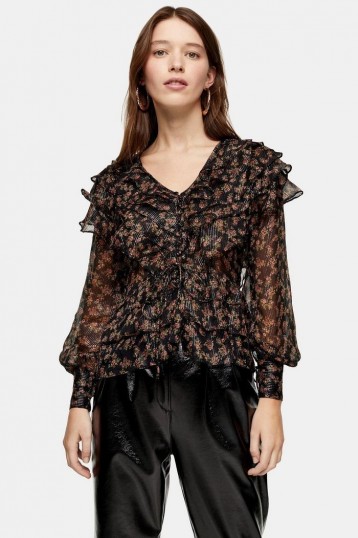 TOPSHOP Floral Glitter Ruffle Blouse / black ruffled blouses