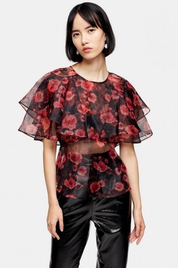 Topshop Floral Print Ruffle Sheer Organza Blouse in pink – tiered tops - flipped