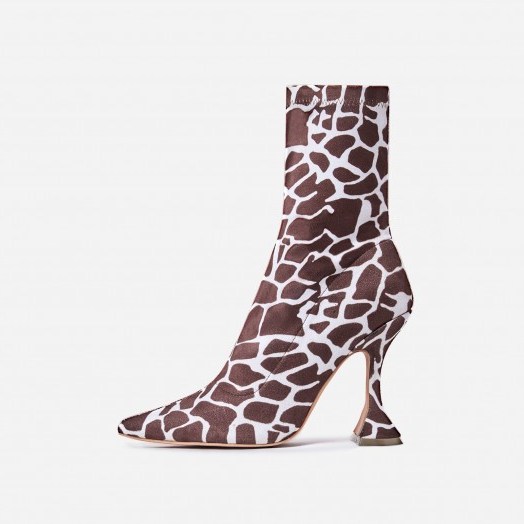 EGO Flore Pyramid Heel Ankle Boot In Giraffe Print Faux Suede - flipped