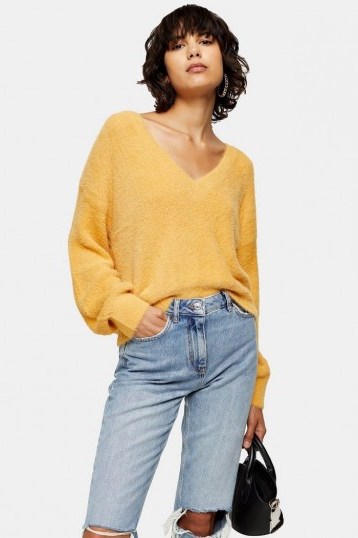 Topshop Fluffy V Crop Jumper in Mustard | slouchy yellow sweater - flipped