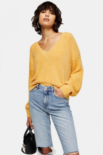 Topshop Fluffy V Crop Jumper in Mustard | slouchy yellow sweater