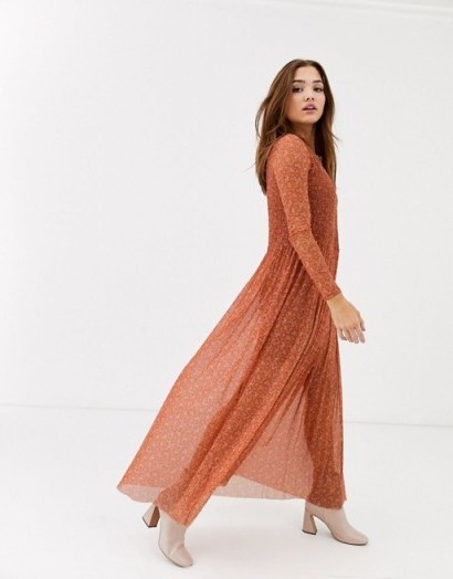 Free People hello and goodybye shirred floral midi dress in brown - flipped