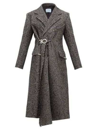 PRADA Gathered-waist raw-edge wool-blend coat in black - flipped