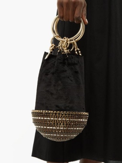 ROSANTICA BY MICHELA PANERO Ghizlan crystal-base velvet clutch bag in black / luxe event handbag - flipped
