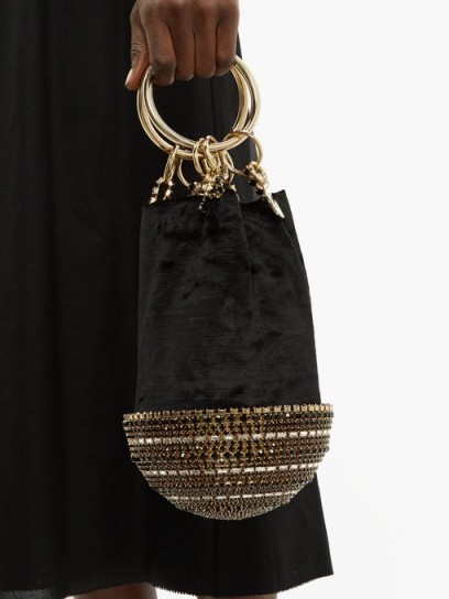 ROSANTICA BY MICHELA PANERO Ghizlan crystal-base velvet clutch bag in black / luxe event handbag