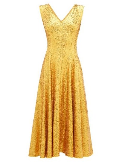 NORMA KAMALI Grace gold sequinned midi dress / shimmering fit and flare party dresses - flipped