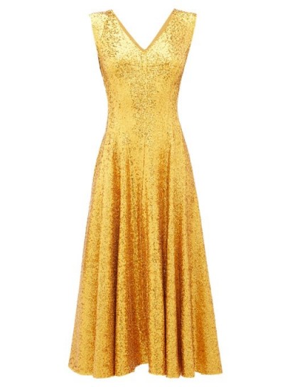 NORMA KAMALI Grace gold sequinned midi dress / shimmering fit and flare party dresses