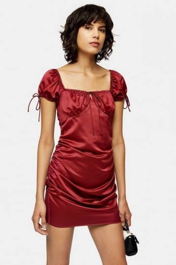 TOPSHOP Gypsy Satin Mini Dress Red – side gathered square neckline dresses - flipped