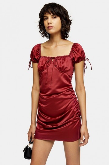 TOPSHOP Gypsy Satin Mini Dress Red – side gathered square neckline dresses