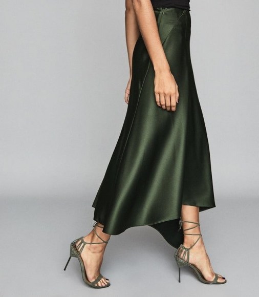 REISS HARLEY ASYMMETRIC SATIN MAXI SKIRT GREEN ~ fluid fabric skirts - flipped