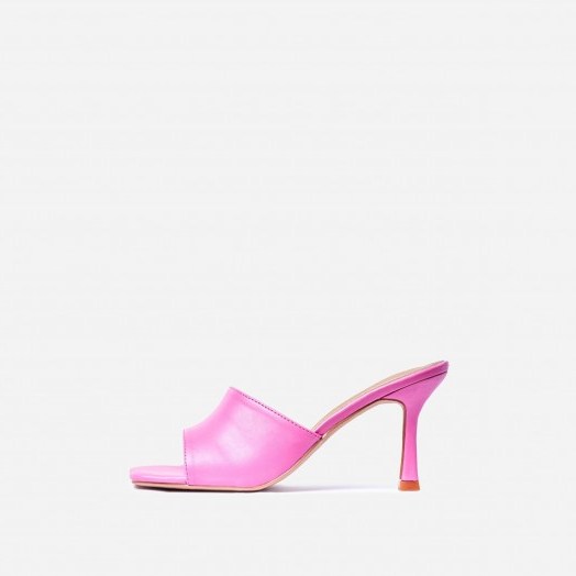EGO Hilton Square Peep Toe Kitten Heel Mule In Pink Faux Leather – girly mules - flipped