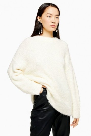 Topshop Ivory Knitted Boucle Longline Jumper | neutral longline crew neck sweater - flipped