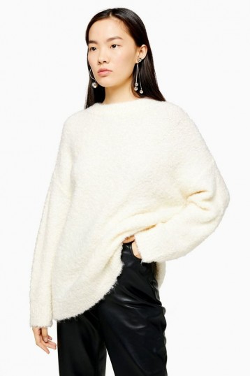 Topshop Ivory Knitted Boucle Longline Jumper | neutral longline crew neck sweater