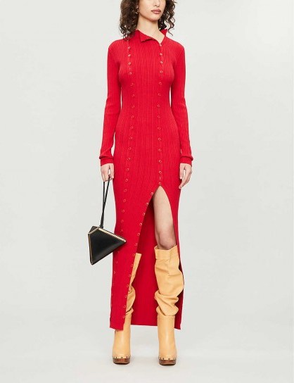 NEW SEASON JACQUEMUS Maille button-embellished ribbed knitted maxi dress in red ~ uber stylish knitwear - flipped