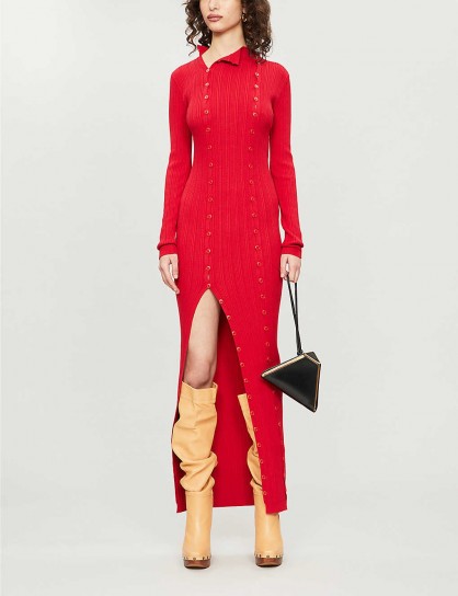 NEW SEASON JACQUEMUS Maille button-embellished ribbed knitted maxi dress in red ~ uber stylish knitwear