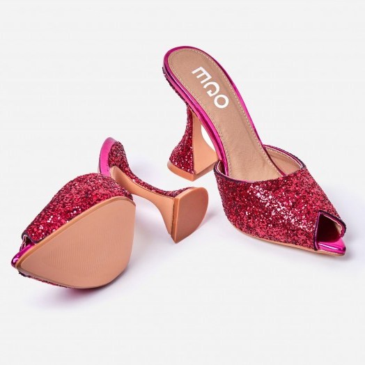 EGO Jetset Peep Toe Pyramid Heel Mule In Pink Glitter – going out glamour - flipped