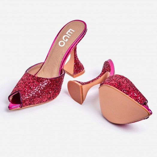 EGO Jetset Peep Toe Pyramid Heel Mule In Pink Glitter – going out glamour