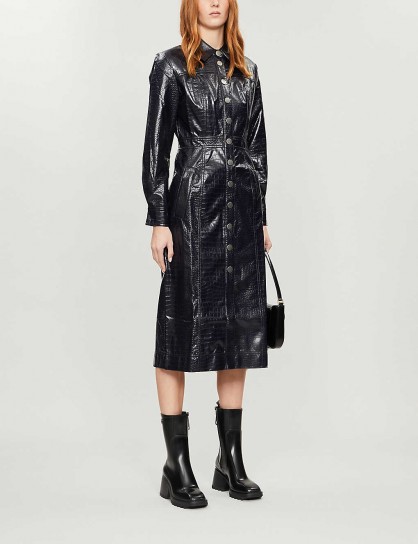 KITRI Charlie croc-embossed faux-leather midi dress in navy