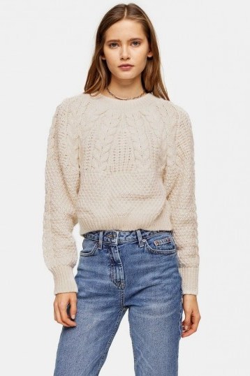 Topshop Knitted Cable Crop Jumper in Oatmeal | neutral knitwear - flipped