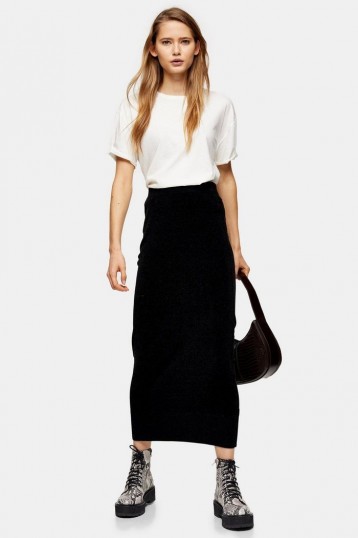Topshop Knitted Chenille Midi Skirt in black | trending knitwear