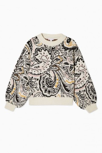 TOPSHOP Knitted Paisley Floral Jumper Ivory / patterned crew neck sweater - flipped