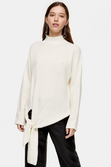 Topshop Knitted Tie Hem Jumper With Wool in Ivory | contemporary knits - flipped