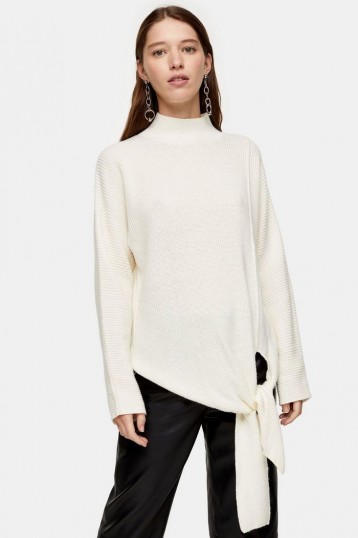 Topshop Knitted Tie Hem Jumper With Wool in Ivory | contemporary knits