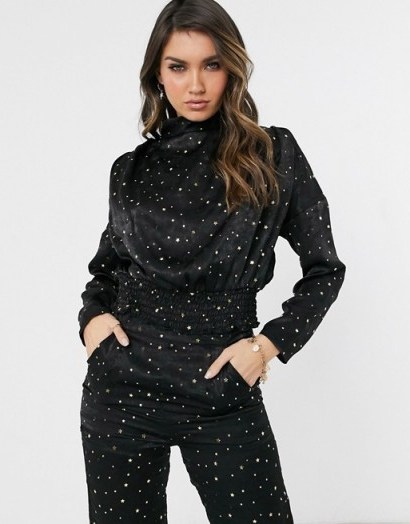 Koco & K high neck elasticated waist top co ord in black with gold star print - flipped