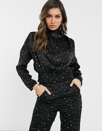 Koco & K high neck elasticated waist top co ord in black with gold star print