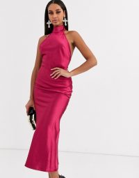 Koco & K high neck satin midaxi dress in fuschia | fuchsia-pink party dresses | evening glamour